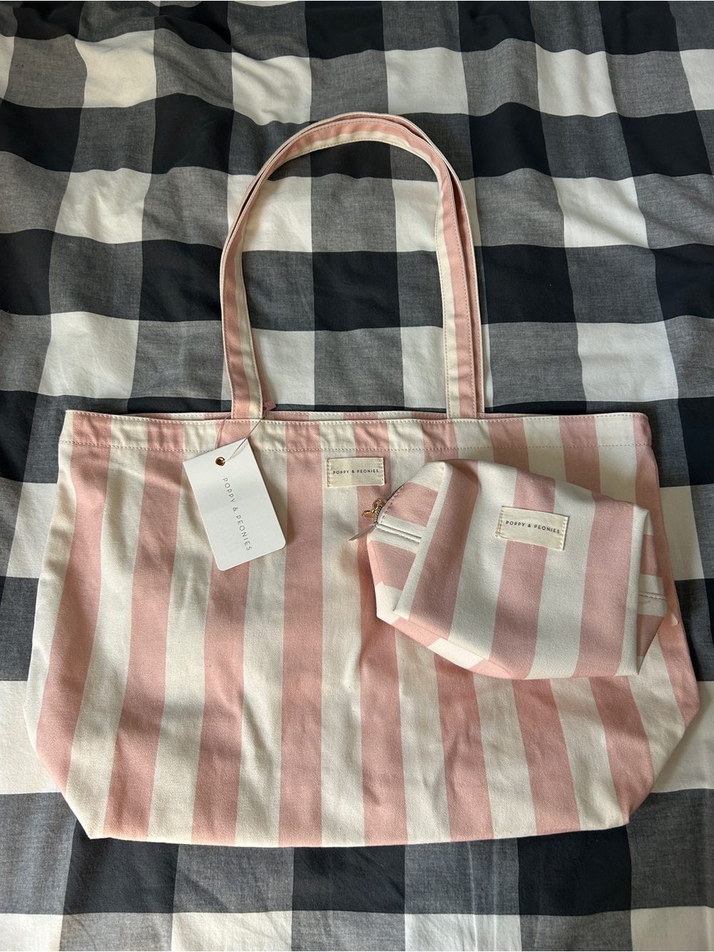 Poppy & Peonies Pink Stripe Canvas Tote Bag and matching cosmetic pouch
